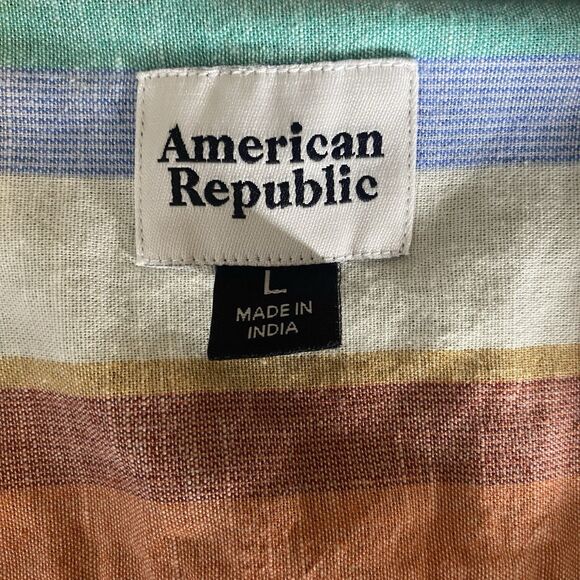 AMERICAN REPUBLIC Shirt Button Short Sleeve Lightweight 100% Cotton Mens L Green - Picture 3 of 6